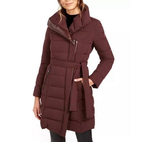TAHARI Asymmetrical Belted Puffer Coat - Picture 1 of 9